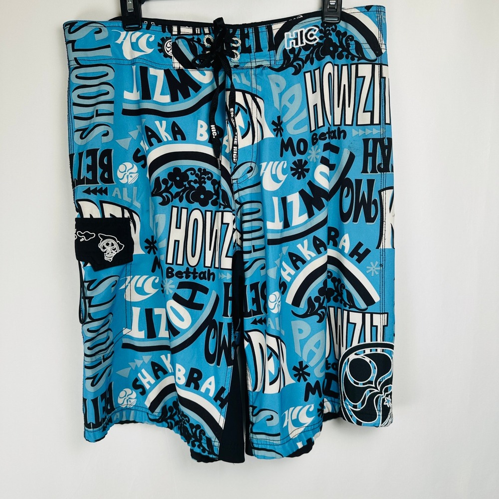 HIC Hawaiian Island Creations Mens Board Shorts 34‎ Howzit Surf Trunks Vacation